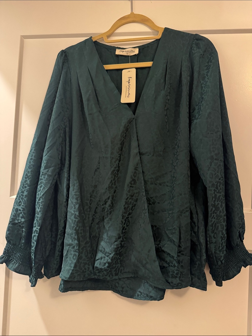 Impressions Teal V-Neck Jacquard Blouse